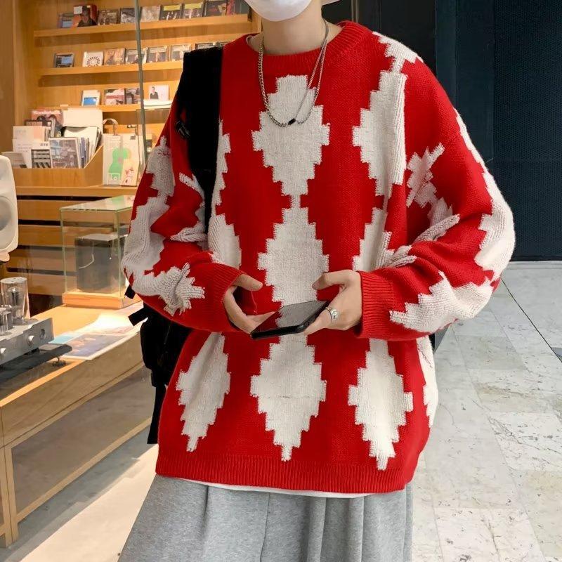 Джемпер с круглым вырезом в цветных блоках для мальчиков на осень и зиму, свободный и универсальный свитер с ромбами, модный универсальный вязаный свитер для пары