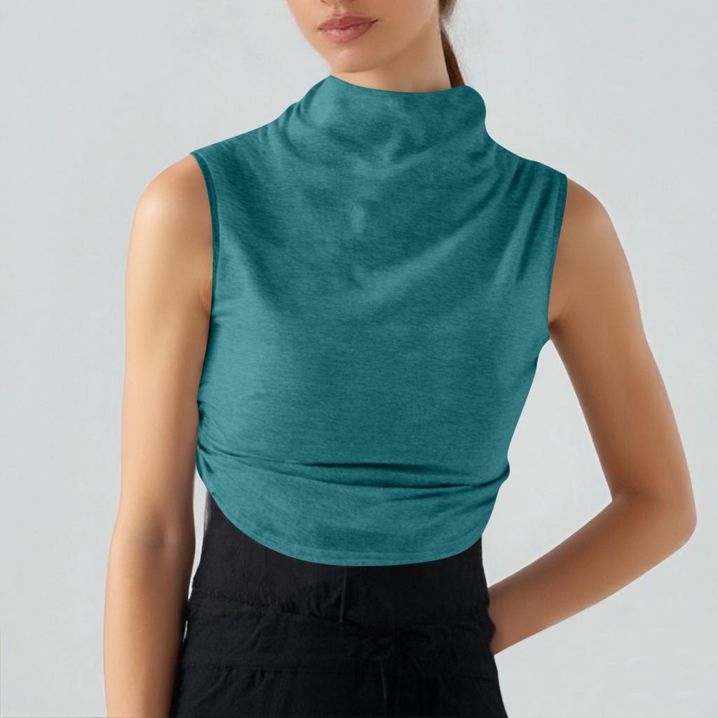 Women's Solid Color Semi-high-neck Sleeveless Vest Pleated  Top T-shirt