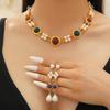 Medieval Vintage Court Style Fashion Geometric Imitation Pearl Double Layered Necklace Pendant Earrings Set Clavicle Chain