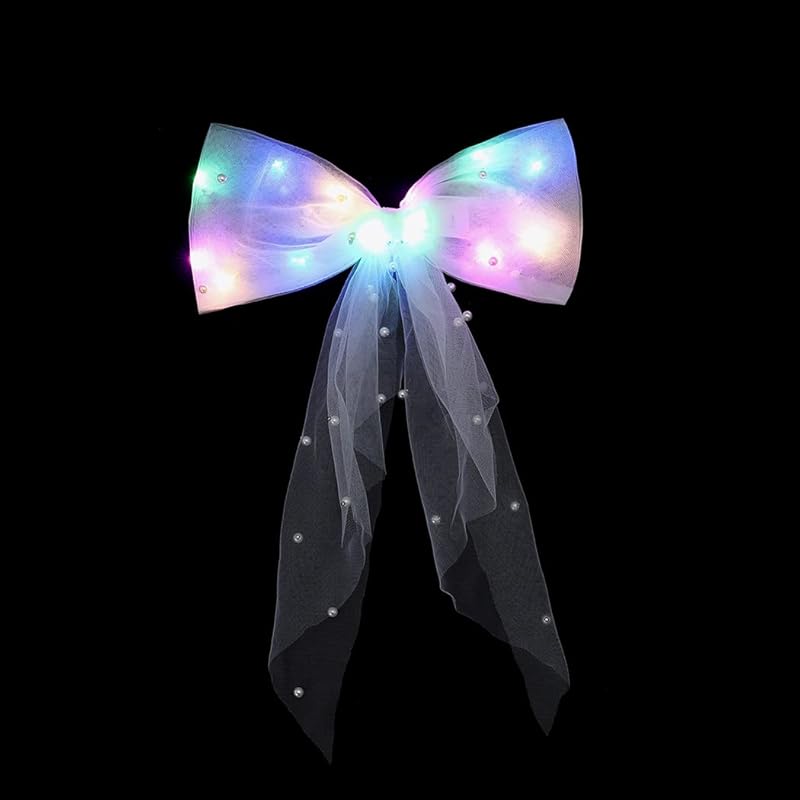 Jeairts Led Veil Bridal Bow Clip Pearl Wedding Hair Piece Glowing White Tulle Bow with Clip Bachelorette Party Hair Accessories for Women and Girls