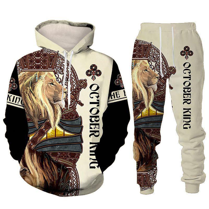 Трендовый животный принт Лев 3D Мужские комплекты спортивных костюмов Повседневная толстовка и штаны 2 предмета Комплекты Свободная толстовка Модная мужская одежда