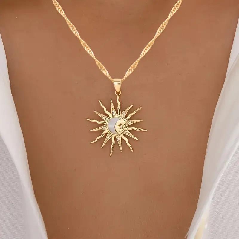 European and American fashion temperament metal wind sun alloy pendant personality sun moon stars dripping oil full diamond pendant collarbone chain