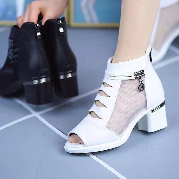 2025 Summer Boots Women Mesh Female Boots Fashion Thick Heels Mom Shoes Breathable Fish Mouth Shoes Back Zip Women Ankle Boots