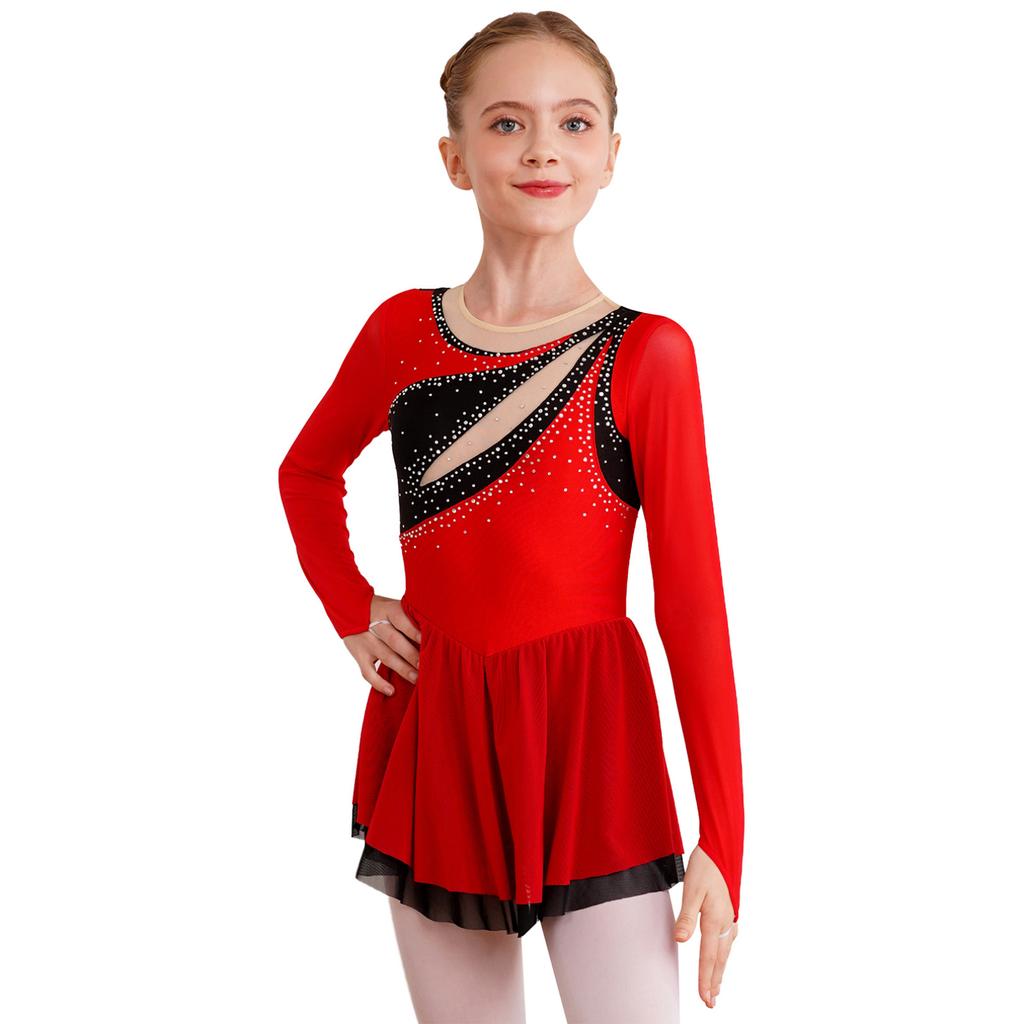 Kids Girls Sparkly Rhinestone Long Sleeve Figure Ice Skating Dress Ballet Modern Lyrical Dance Costume