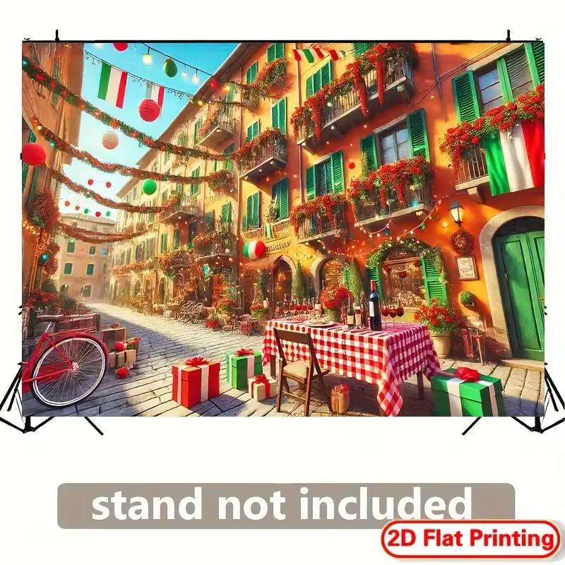 2D Italy Holiday Backdrop, Festive Street with Red White & Green Decor for Parties