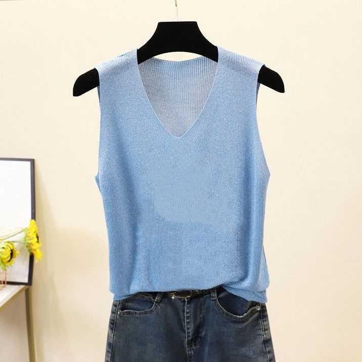 Свободный внутренний плюс плюс без рукавов шелковый трикотажный топ со стразами V-образный вырез майка женская летняя