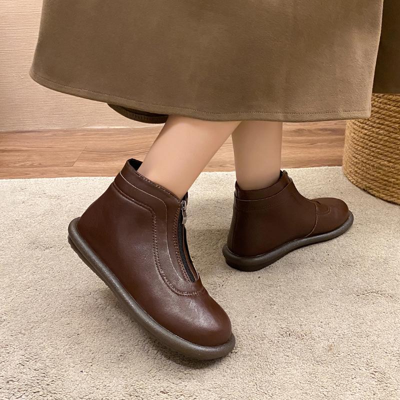 2024 Новые модные женские ботильоны на осень и зиму с застежкой-молнией спереди, удобные, с круглым носком, однотонные, на низком каблуке, модные ботинки