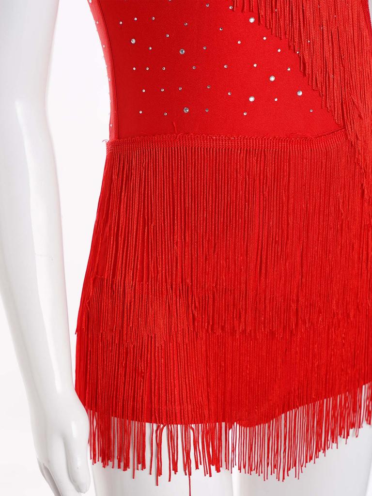 Girls Latin Dance Costume Glittery Rhinestones Fringe Leotard Halter Neck Sleeveless Strappy Back Tassel Jumpsuit