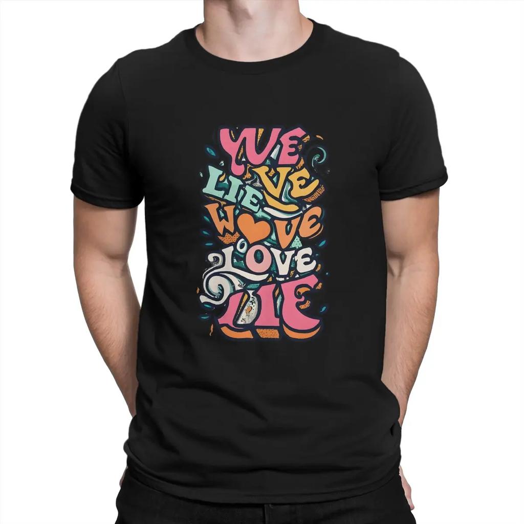 Creative We Live We Love We Lie Writing T-Shirt Men Crew Neck Pure Cotton Blue Cat Elf Short Sleeve Tee Shirt Original Clothes
