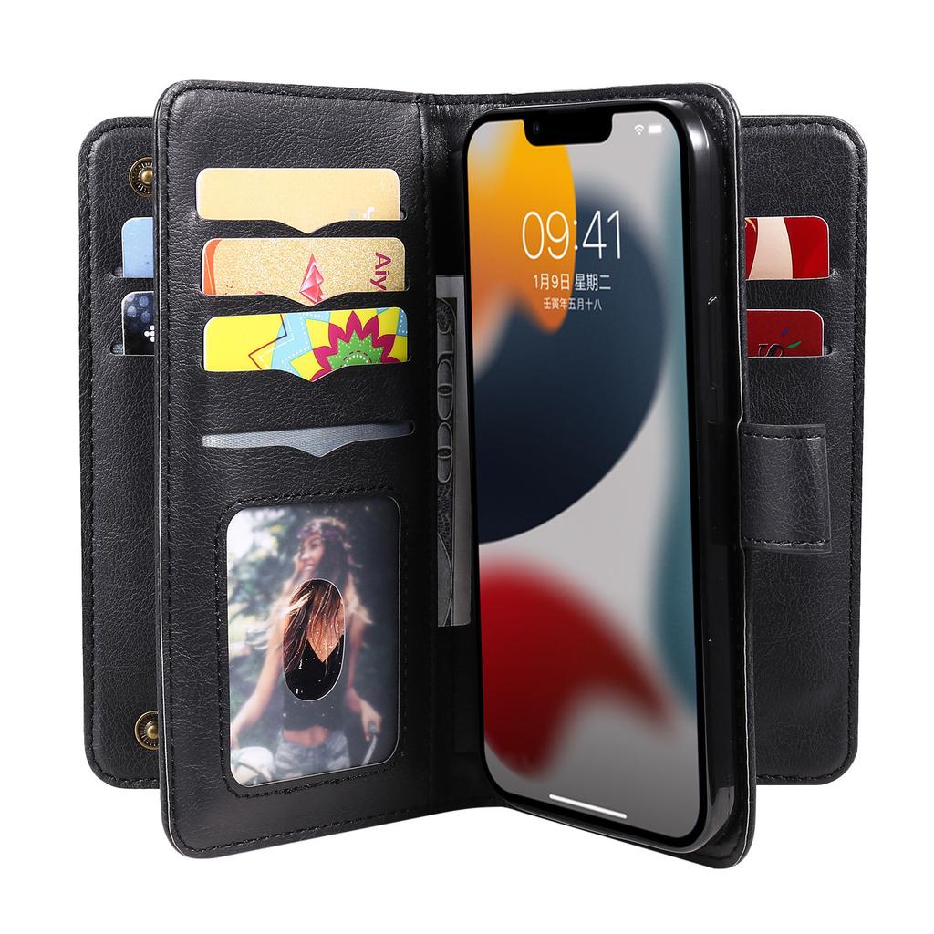 Для iPhone 15 14 13 12 11 Pro Max Чехол-кошелек [10 слотов для карт]:Многофункциональный, с откидным ремешком, на молнии, держатель для карт, чехол для телефона