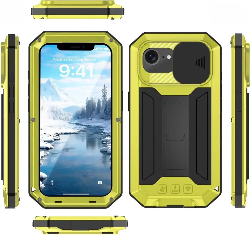 Heavy Duty Protective Aluminum Case for IPhone 18 Pro 17 16e 16 15 Plus 14 13 Pro Max Tough Cover Metal Stand Screen Protection