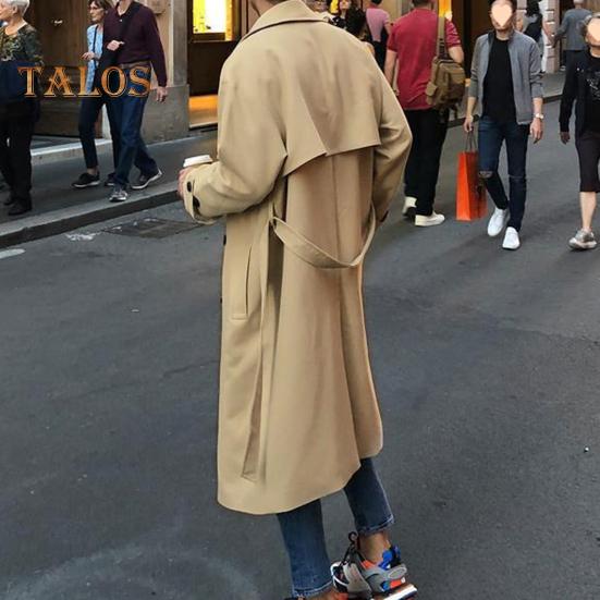 Мужская ветровка, пальто с лацканами, длинный рукав, двубортный, регулируемый пояс, тренчкот с карманами, однотонный, свободного кроя, верхняя одежда средней длины