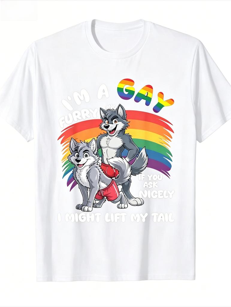 UnisexS Fun Gay Furry Pride Month TShirt Rainbow Fox and Dog Pattern I Am Gay Furry Slogan Comfortable Neck Short Sleeve Top