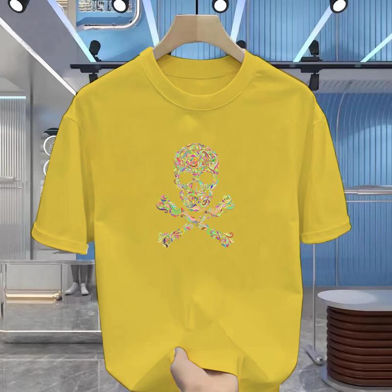 Мужская новая летняя футболка с коротким рукавом и мультяшным принтом черепа, базовая хлопковая футболка с круглым вырезом, модный повседневный топ с коротким рукавом