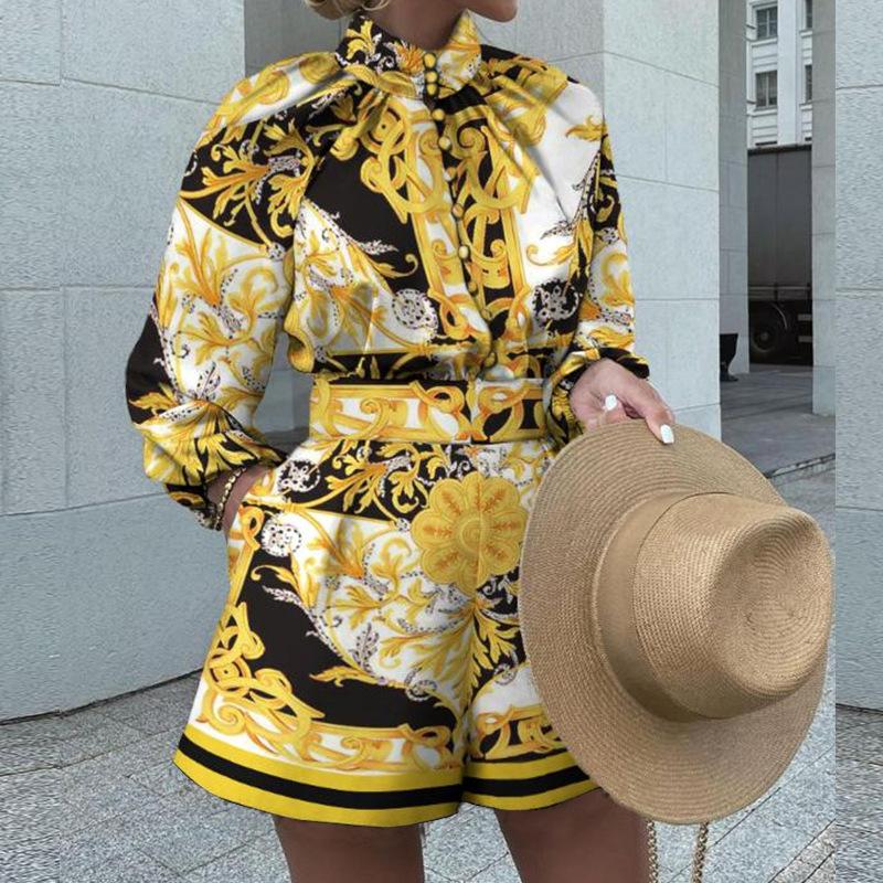 FD117 spot 1116 European and American autumn and winter women's clothing shopify printed long-sleeved top shorts set two-piece set