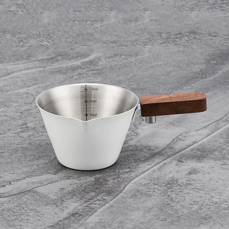 120ML Espresso Measuring Cup Wood Handle Single Spout with Scale Stainless Steel Extraction Cup Thicken Coffee Cup Barista Tool