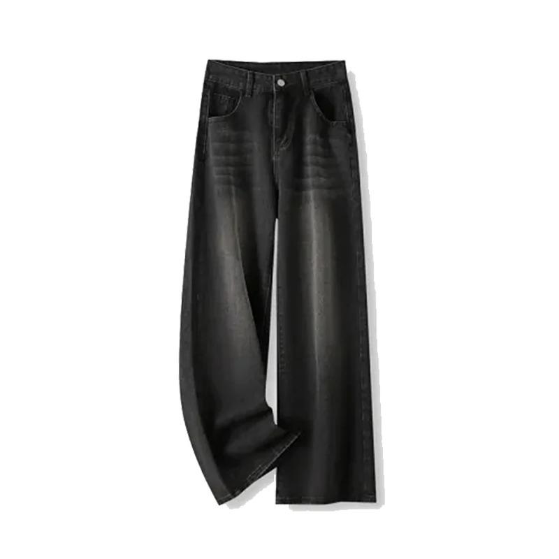 Korean Vintage High Waist Women's Jeans Y2K Slimming Pear-Shaped Loose Straight Bell Bottoms Black Gray Baggy Denim Trousers
