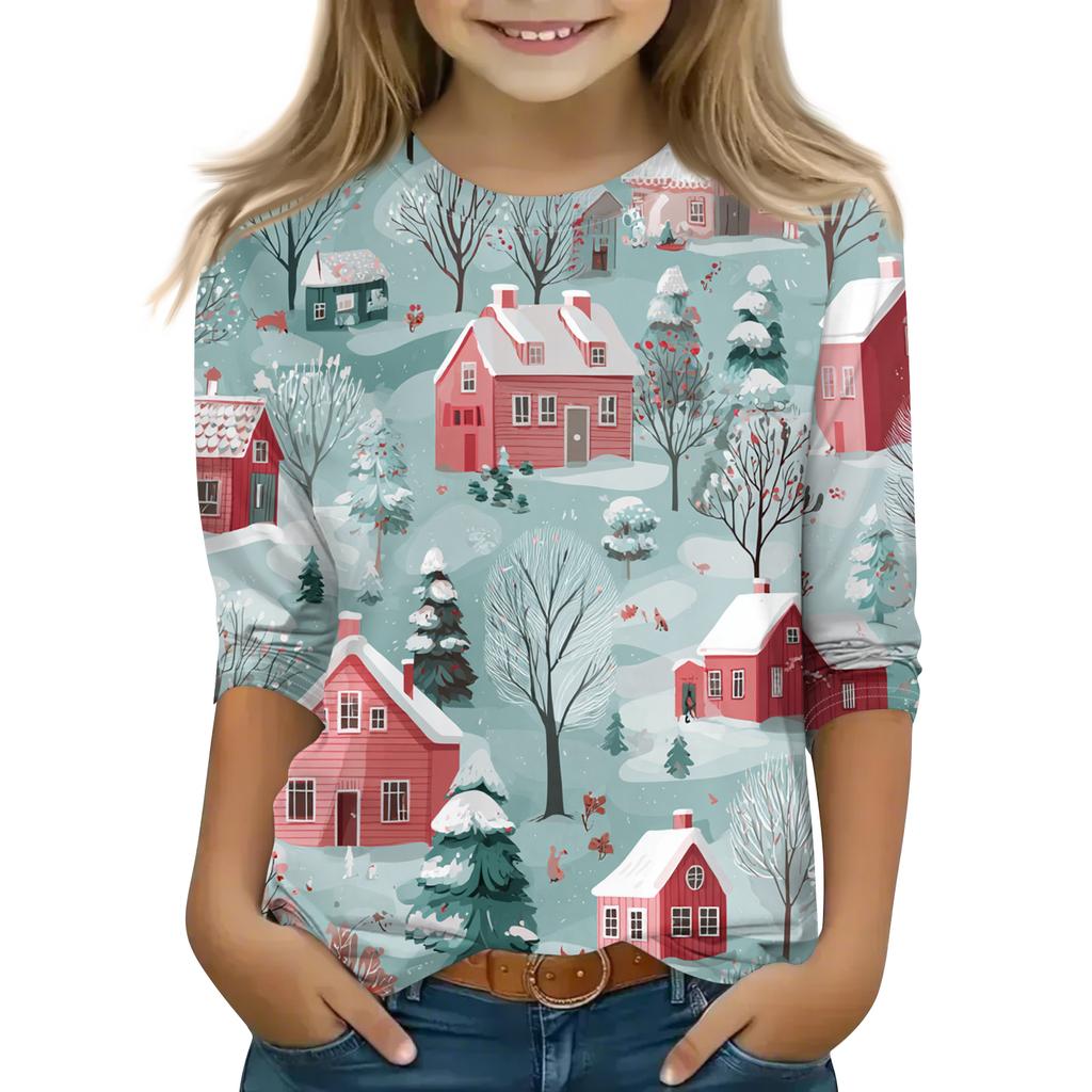 Children's 3/4 Sleeve Round Neck Top Christmas Tree Printed Everyday Casual Top