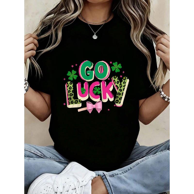 Европейский размер Go Lucky Футболка с принтом ко Дню Святого Патрика | Женская черная футболка с круглым вырезом, с буквами леопардового принта и розовым бантом, Повседневная праздничная футболка