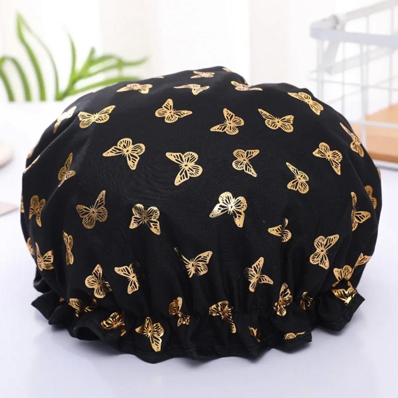 Waterproof Double Shower Cap Gold Printed Terylene Cotton Hair Cap for Women Bathing Essential