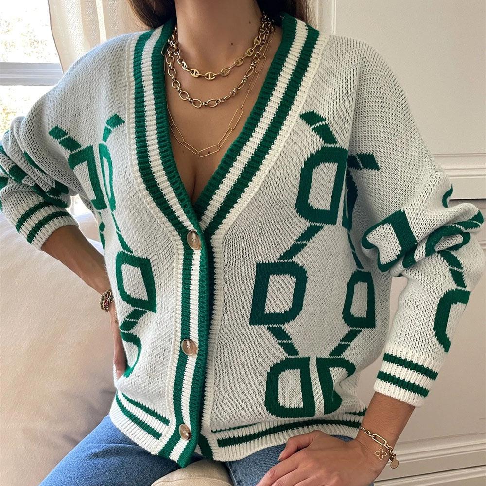 Women Autumn Winter Vintage Loose Long Sleeve Top Multicolor Cardigan Knitwear V-Neck Single Breasted Buckle Sweater Jacket