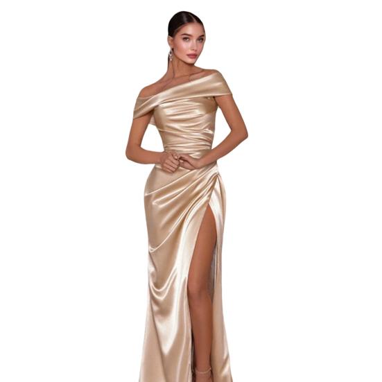 Prom Dress for Women Off Shoulder Satin Evening Party Formal Gown High Slit Cocktail Wedding Guest Maxi Dress