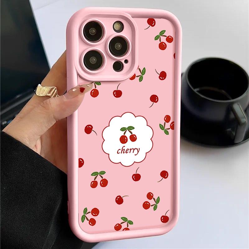 Для iPhone 16 Pro 15 14 Plus 13 12 Pro Max 11 Xs Xr 8 7 Cherry Pattern матовый ударопрочный мягкий TPU защита линз противоударный чехол конфетного цвета