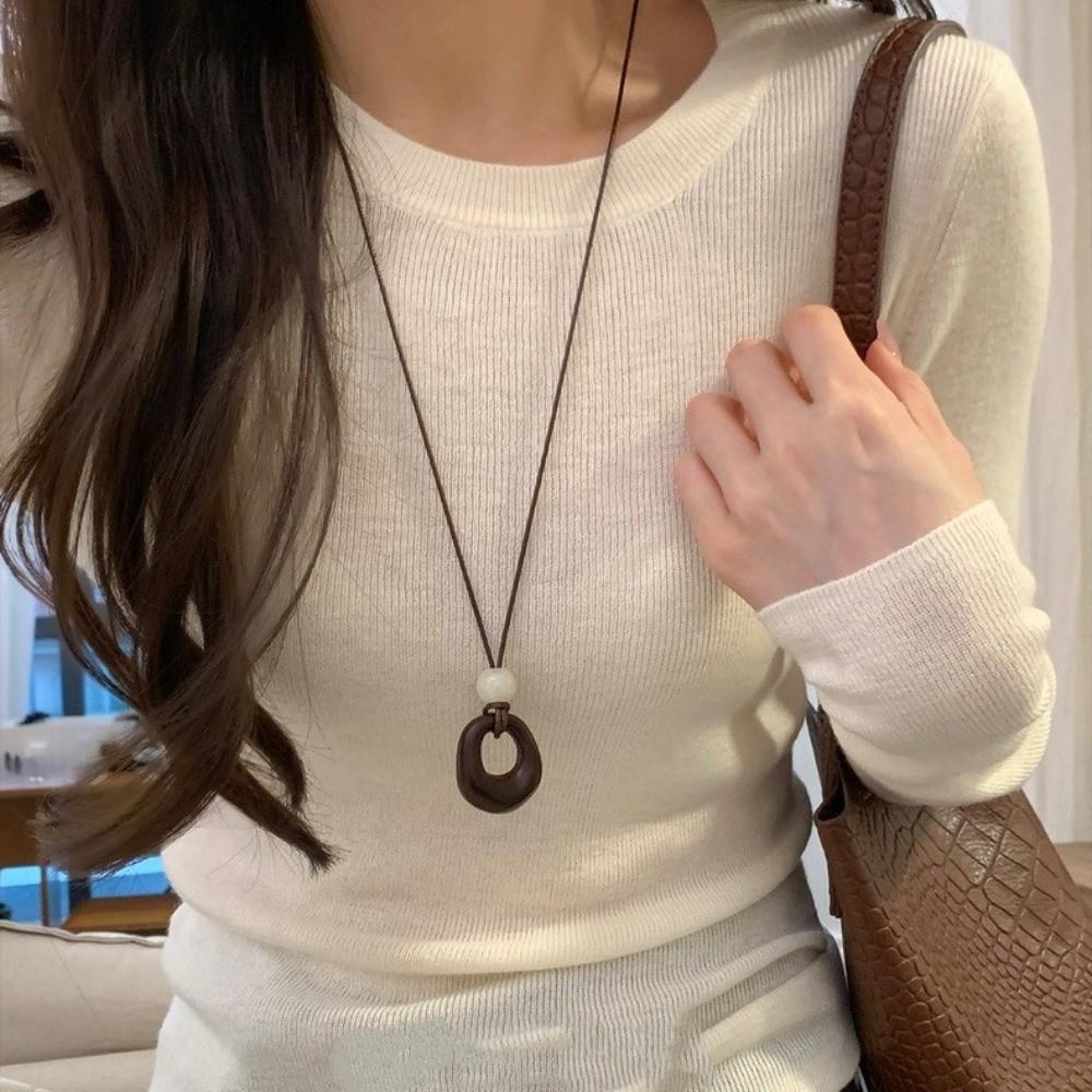 Leather Rope Geometric Pendant Necklace Adjustable Length Sweater Chain Women