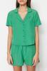Women's Fashion Green Terrycotton Shirt-Shorts Woven Pajama Set