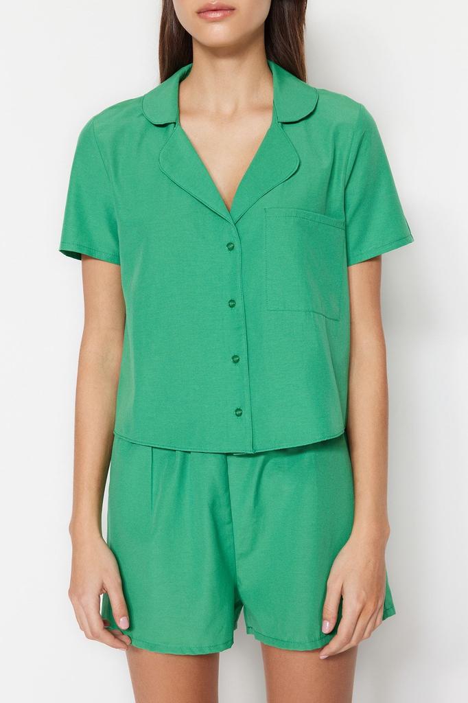 Women's Fashion Green Terrycotton Shirt-Shorts Woven Pajama Set