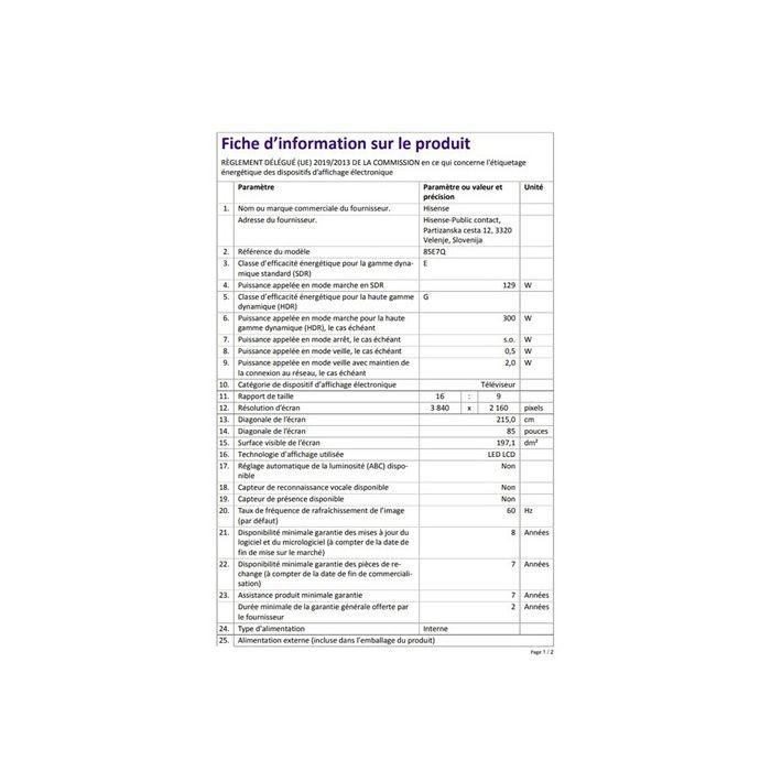 TV Hisense QLED 85E7Q 215 cm 2025