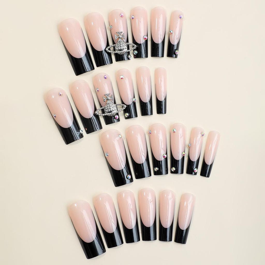 Горячие Девушки Очень Длинные Французские Накладные Ногти с Дизайном Планеты и Острым Кончиком