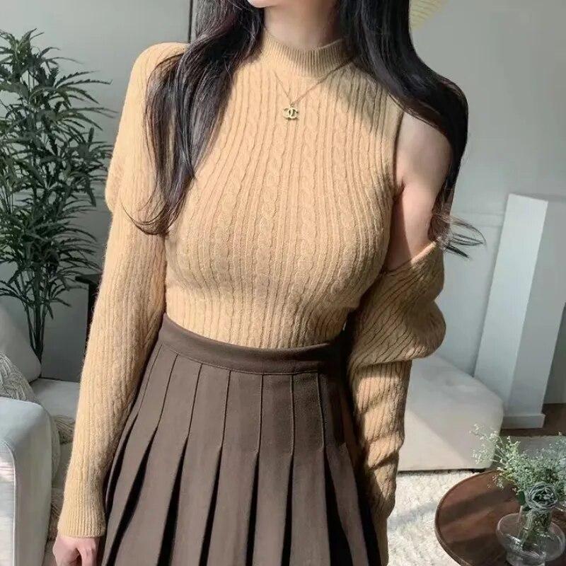 Korean Chic Autumn Turtleneck Vests Women Sweater Tank Tops And Long Sleeve Short Knitted Cape Cardigan Two Piece Set 29496
