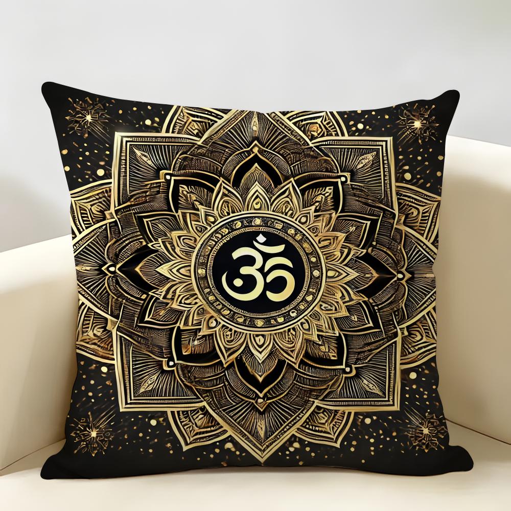 Luxury Golden Mandala Om Cushion Cover Natural Linen Organic Fabric DoubleSided Printing Room Sofa Decor Pillow Case