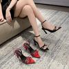 2024 Red Pointed Toe Sandals Women Thin High Heels Ladies Narrow Band Summer Buckle Strap Gladiator Pumps Wedding Party Shoes