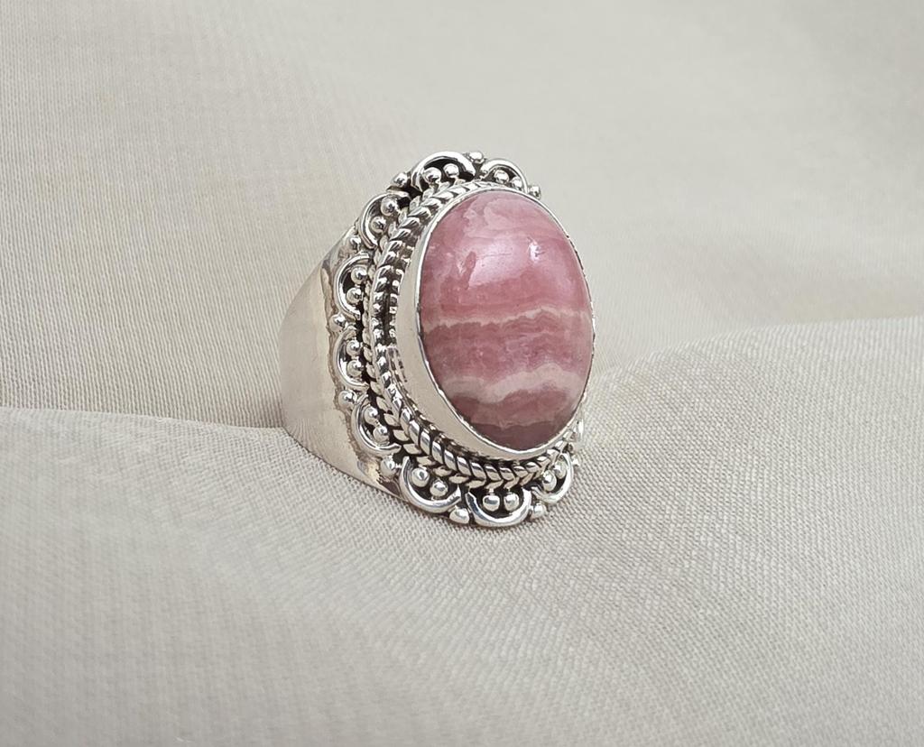Rhodochrosite 925 Sterling Silver Ring: October Birthstone, Boho Vintage Style