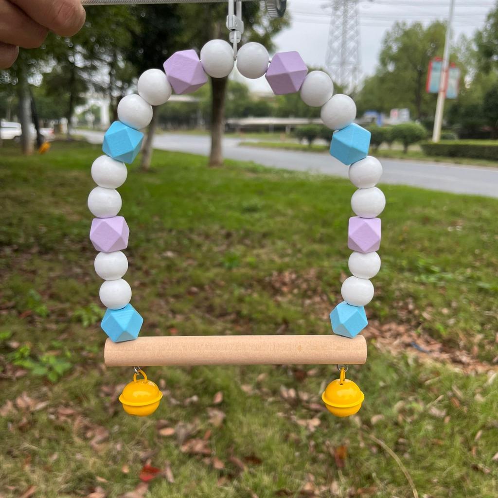 Pet Toy Parrot Bird Swing Macaron Colored Bell Solid Wood Environmentally Friendly Hanging Bird Cage Stand Pole Pet Supplies