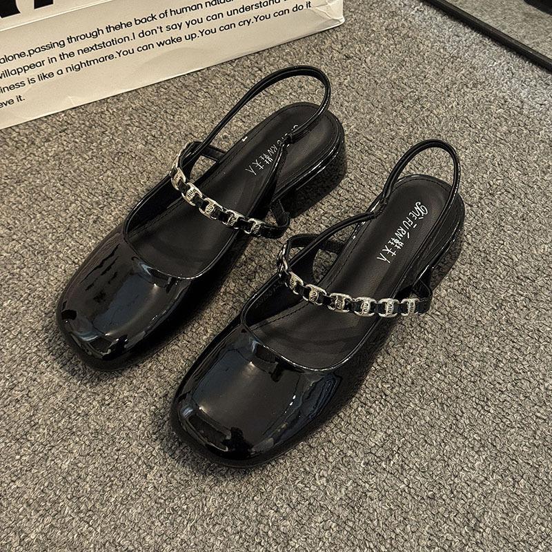 Mary Jane Baotou Sandals Women's 2025 Spring and Summer New Square Head Coarse Heel Middle Heel Versatile Rear Empty Diamond with Cool Slippers Women