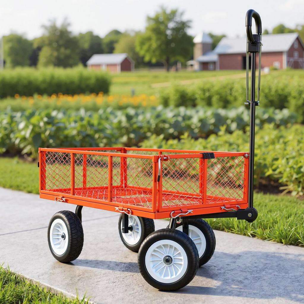 Garden Cart, 408.2 kg, Heavy Duty Steel Yard and Garden Utility Wagon with 10-Inch Tires, Outdoor Gardening Stool with Adjustable Handle, Detachable