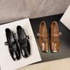 New Fashion Buckle Belt Flats Woman Luxury Metal Square Toe Leather Shoes Elegance Low Heels Ladies Party Dress Shoes