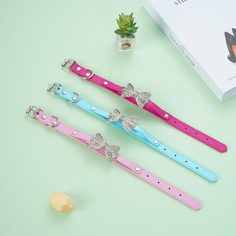 Ready to Ship Elegant PU Pet Collar Bow Rhinestone Design for Large Dogs & Cats Minimalist Collar & Leash Set