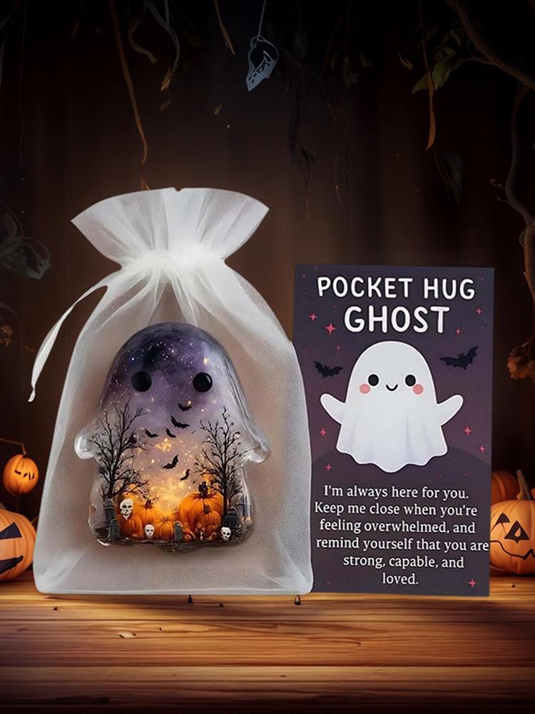 Pockets Hug Ghost Miniature Figurine with Motivational Card Figure Sculpture for Halloween Christmas Loved Ones and Friends