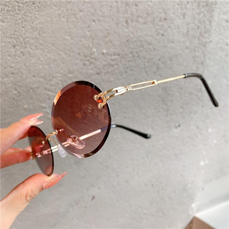 New Retro Oval Sunglasses For Women Personalized Small Round Frame Eyewear Gradient Color Frameless Diamond Cut Edge Eyeglasses