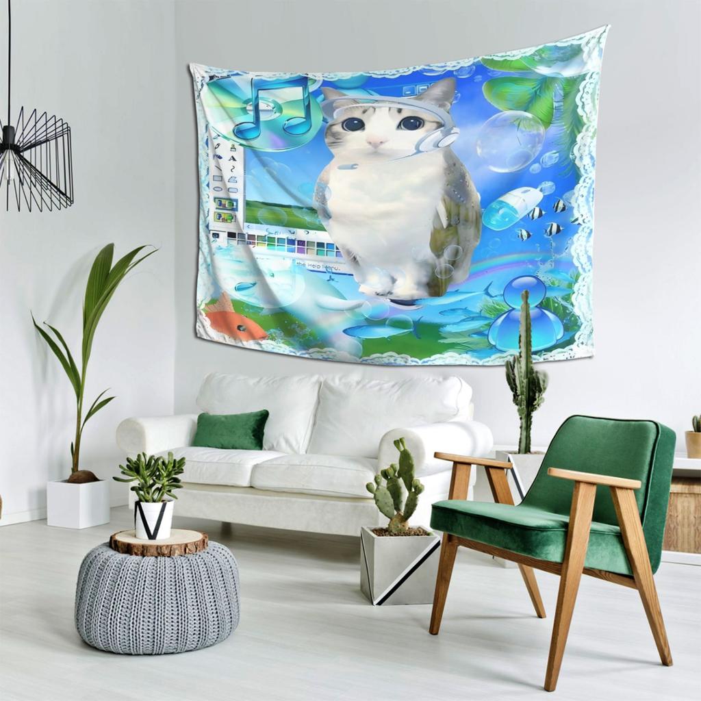 Vaporwave Meme Cat Wall Tapestry Retro Computer Bubble Fish Bohemian Aesthetic Decor Living Room Dorm
