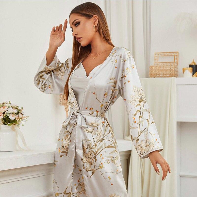 Women's Four Seasons Robe Set Nightdress Two-piece Set Thin Style Outer Wear Medium Long Style Sleepwear