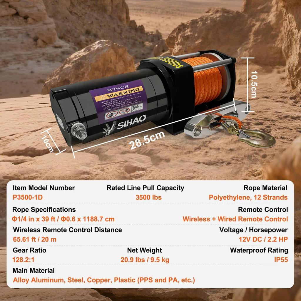 SIHAO 3500LBS Electric Winch, 12V, Synthetic Rope, IP55 Waterproof