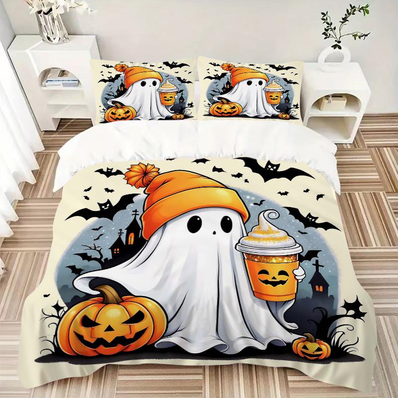 3pcs Halloween Cute Ghost Bedding Set - 1 Soft Quilt Cover + 2 Pillowcases, Machine Washable - Suitable for All Seasons N045