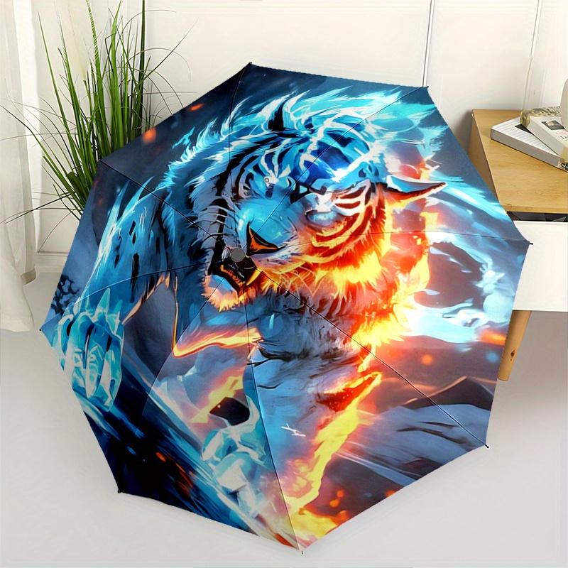 1pc Flaming Ice Tiger Pattern Automatic Umbrella is Fashionable and Good-Looking, Suitable for Travel and Daily UseA104