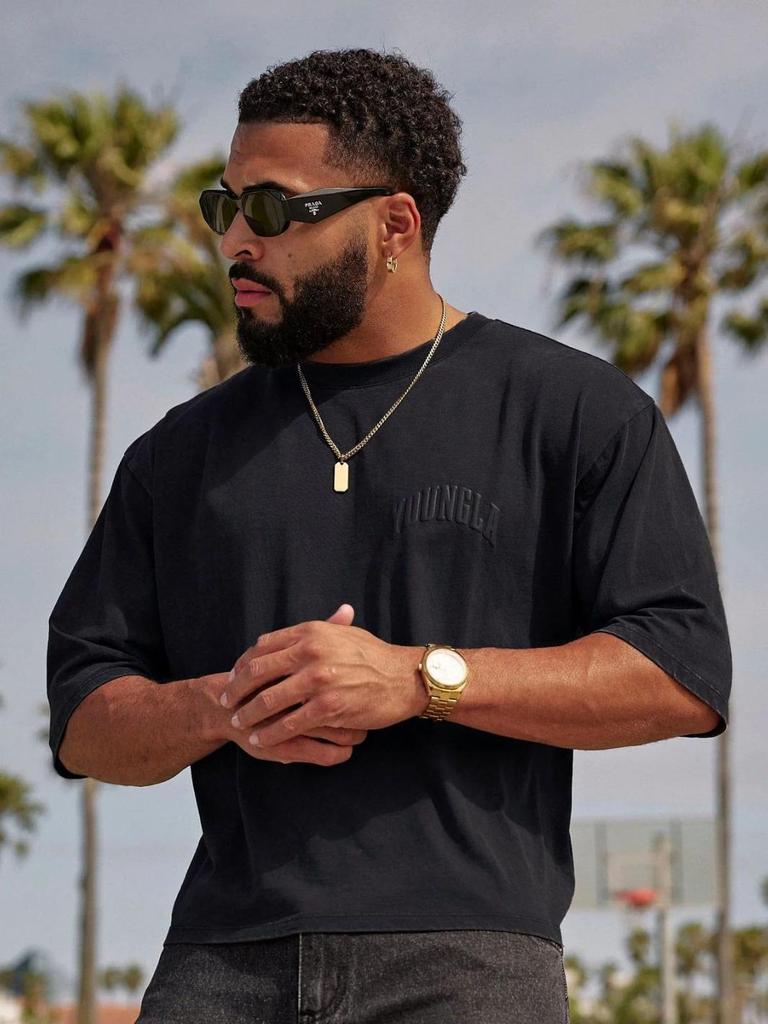 YOUNGLA Men's Oversized Puff Print Cotton T-Shirt - Short Sleeve, American Sport Casual Fit