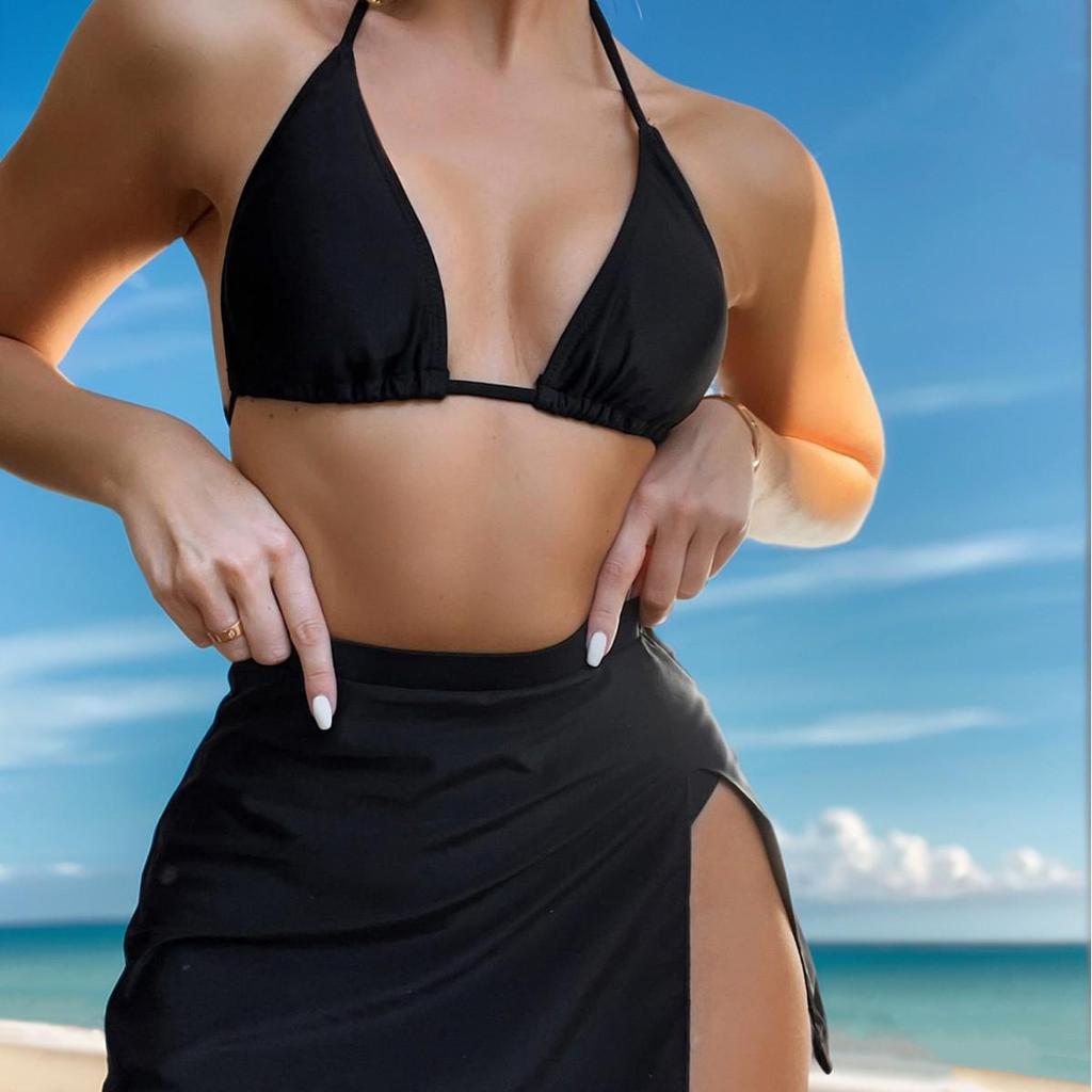 2025 European and American High-Waisted Triangle Slit Bikini Set - Sexy Three-Piece Women's Swimwear
